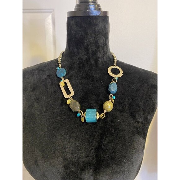 Chunky Aqua Green Gold 20" - 24" Necklace Beaded Art - Picture 4 of 6